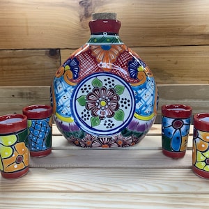 Ceramic Talavera Colorful Liquor Tequila Drink Set Decanter Shot Glasses Hand Decorated Durable