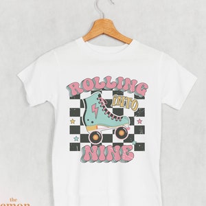 Rolling into Nine Tee, Roller skate shirt, 9th birthday shirt, gift for 9 year old, gift for skaters, roller girl, skate rink birthday BTH