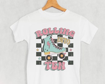Rolling into ten Tee, Roller skate shirt, Tenth birthday shirt, gift for 10 year old, gift for skaters, roller girl, skate rink birthday BTH
