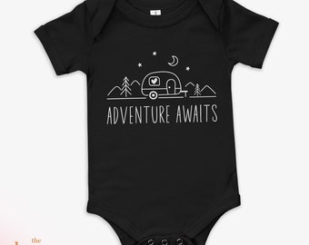 Adventure Awaits baby bodysuit, Camper Baby Gift, Camper Mom Gift, Camping baby gift, camp baby shower gift, camping gift for Mom. CMP