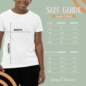 May include: Size chart for youth t-shirts in both centimeters and inches. The chart shows the length and width measurements for sizes S, M, L, and XL.
