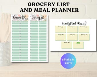 Lista de compras y planificador de comidas editables, plan de comidas semanal, planificador de menús, imprimible, descarga instantánea