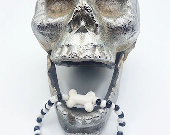 Pulseira de osso | Joias para amantes de animais de estimação | Linda pulseira preta e branca | Osso e miçangas | Pulseira de osso de cachorro