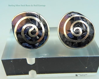 Vintage Sterling Silver Swirl Resin & Shell Stud Earrings
