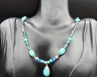 Vintage Beaded Turquoise & Crystal Sterling Silver Pendant Necklace