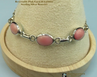 Vintage Reversable Pink Coral and Larimar Sterling Silver Bracelet