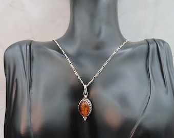 Vintage Amber & Figaro Sterling Silver Chain Necklace
