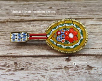 Vintage Mosaic Yellow Floral Mandolin Brooch
