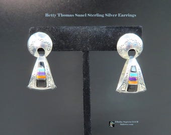 Vintage Betty Thomas Sanel Sterling Silver & Channel Inlay Stones Earrings