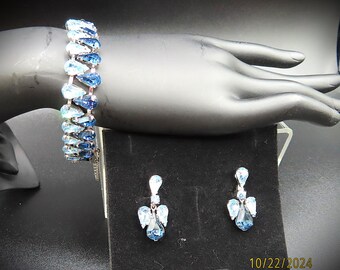 RARE Vintage "Volupte" Silver Tone Royal and Lt. Blue Rhinestone Bracelet & Earring Set