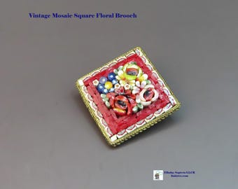 Vintage Italian Mosaic Square Floral Brooch