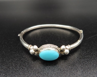 Vintage Sterling Silver & Turquoise Hinged Bangle Bracelet