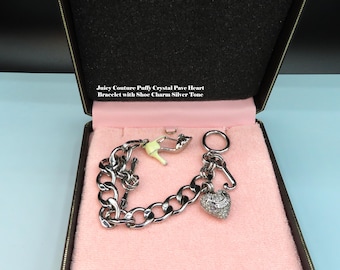 Vintage Juicy Couture Puffy Heart Pave Crystal Charm Bracelet w/Shoe Charm