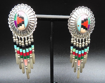 Vintage Q.T. Southwestern Style Sterling Silver and Stone Dangle Earrings