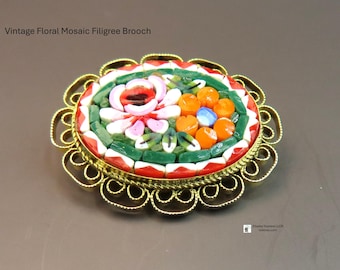 Vintage Floral Mosaic Filigree Brooch