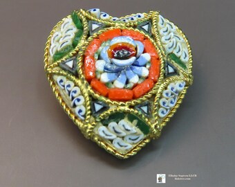 Vintage Italian Mosaic Floral Heart Brooch