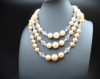 Vintage Lisner Faux pearl & AB Faceted Glass Triple Strand Necklace