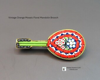 Vintage Orange Mosaic Floral Mandolin Brooch