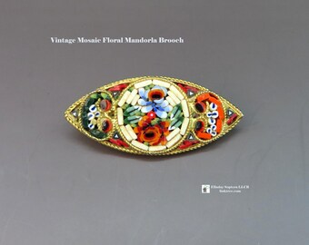 Vintage Mosaic Floral Mandorla Brooch