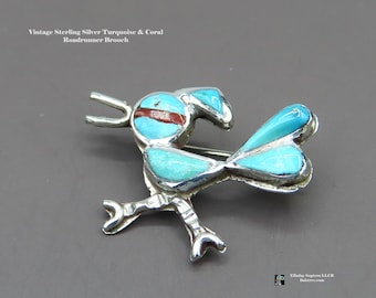 Vintage Sterling Silver Turquoise & Coral Roadrunner Brooch