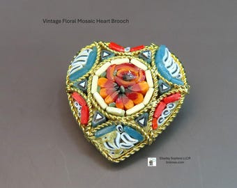 Vintage Floral Mosaic Heart Brooch