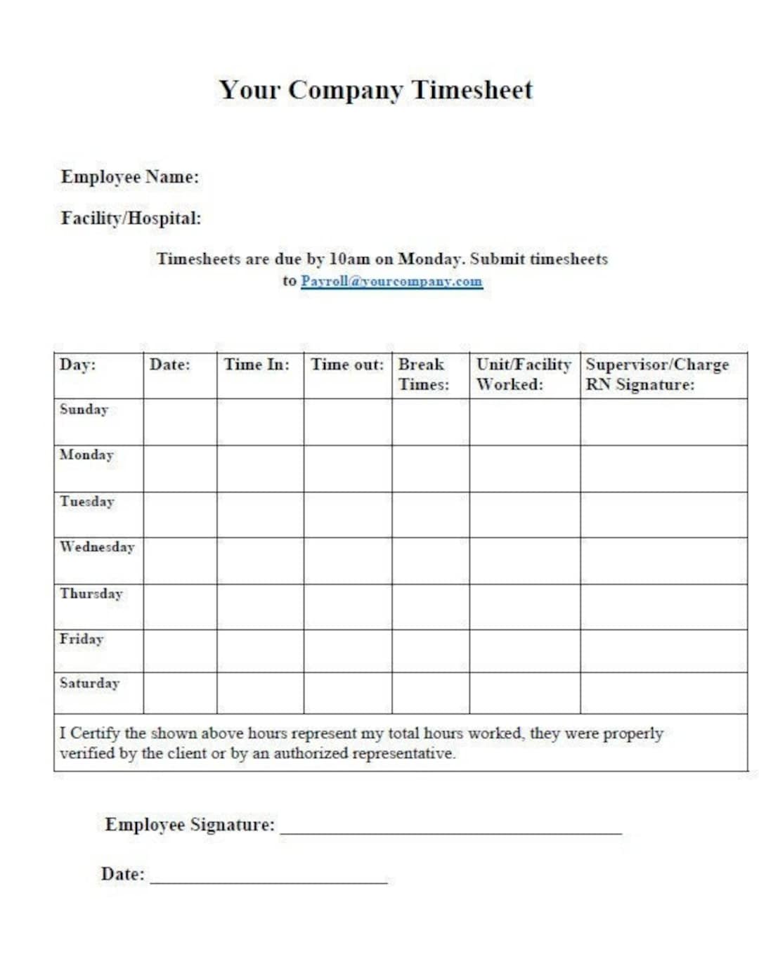 Timesheet PDF Template sunsat & monfri Etsy