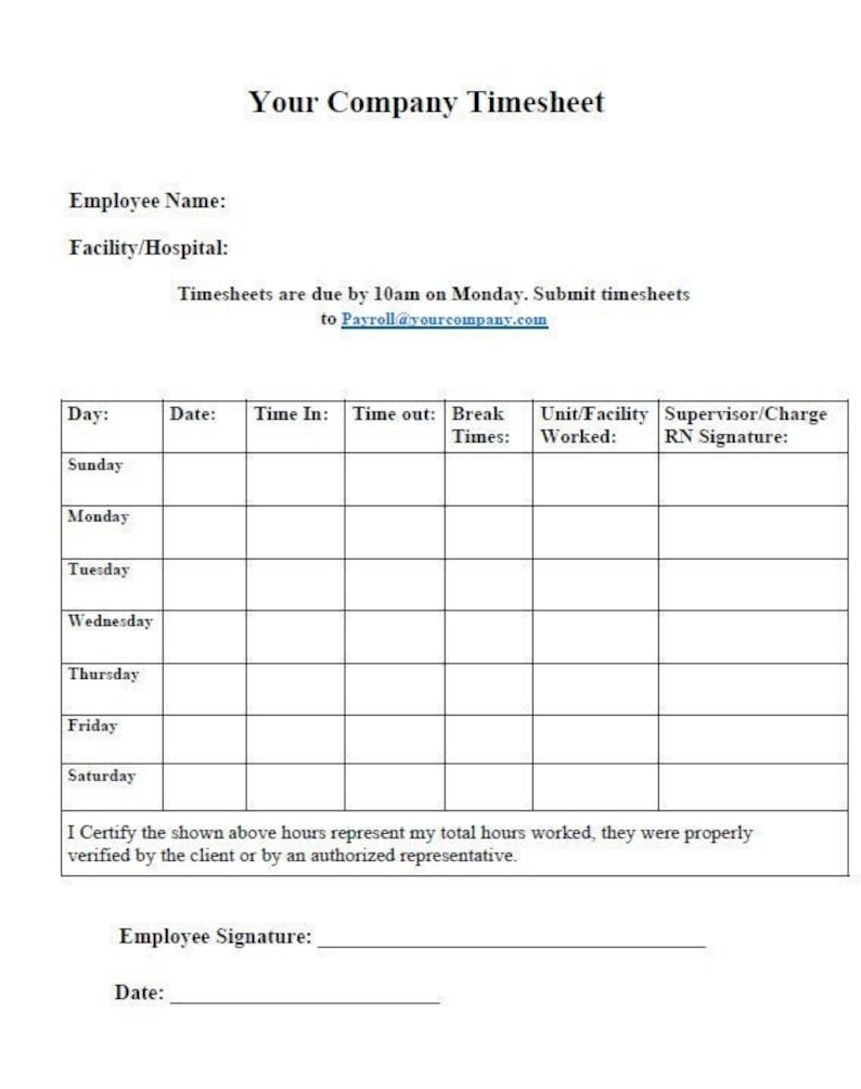 Timesheet PDF Template sunsat & monfri Etsy