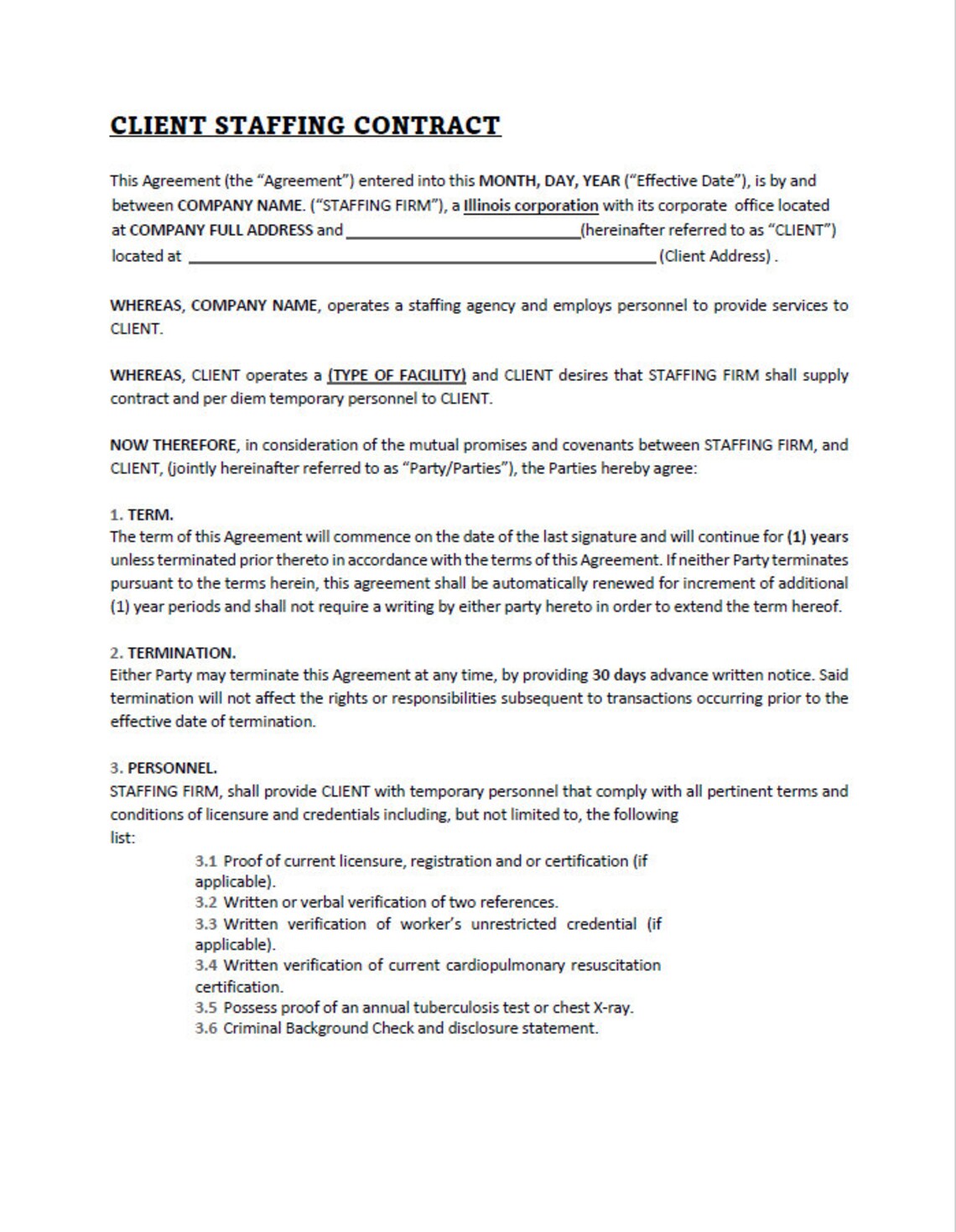 Staffing Service Contract Template - Etsy