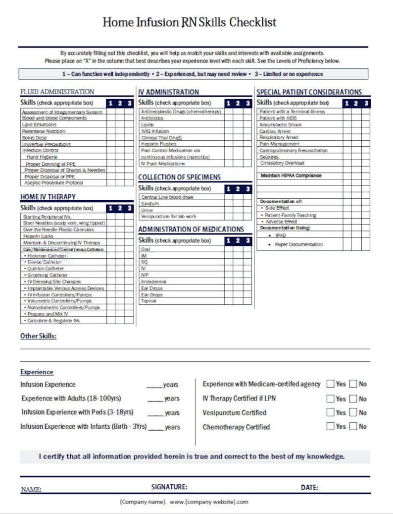 Home Infusion Nurse Skills Checklist Template Etsy home-infusion-nurse-skills-checklist-template-etsy