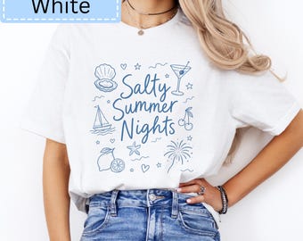 Salty Summer Nights T-Shirt | Nautical Beach Design | Sailboat Lemon Martini Clam Cherry Fireworks Starfish | Vacation Gift T | Ocean Lover