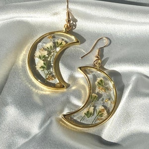 Crescent Moon Earrings with Baby's Breath and Gold Leaf - Celestial Jewelry in Gold or Silver