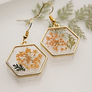 Queen Annes Lace Hexagon Resin Earrings Gold Silver Dainty Floral Jewelry Orange Yellow Hypoallergenic Earrings