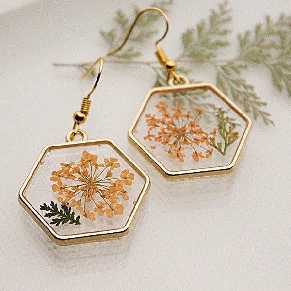 Queen Annes Lace Hexagon Resin Earrings Gold Silver Dainty Floral Jewelry Orange Yellow Hypoallergenic Earrings