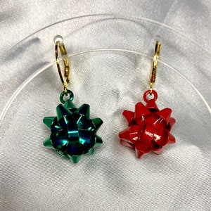 Christmas Gift Bow Earrings - Dainty Huggie Style | Hypoallergenic Holiday Jewelry in Festive Red & Green | Thoughtful Gift for Her