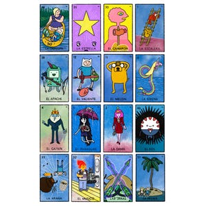 May include: A set of 12 illustrated cards featuring characters from the animated television series Adventure Time. The cards are in a traditional Loteria style with Spanish names and numbers. The characters include Finn, Jake, Princess Bubblegum, Ice King, Marceline, and others.