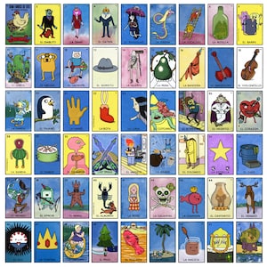May include: A set of 54 illustrated cards featuring characters from the animated television series Adventure Time. The cards are colorful and feature a variety of characters and objects, including a penguin, a hand, a boot, a moon, a parrot, a heart, a star, a scorpion, a rose, a skull, a bell, a jar, a deer, a crown, a boat, a pine tree, a fish, a palm tree, a pot, a harp, and a dog.