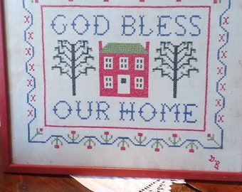 Vintage God bless our home crosstich embroidery picture