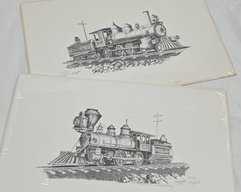 Vintage Train Locomotive Art Print Set By B.C. Wood Florida Monochrome NEW