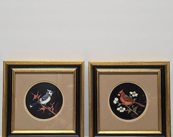 Vintage Jeanne Reifel Birds Flowers Scratchboard Small Art Painting Folk Art