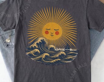 Ocean Sun T-Shirt | Whimsical Coastal Graphic Tee | Boho Beach Shirt | Sailboat Sun Gift | Dreamy Summer Wave Tee
