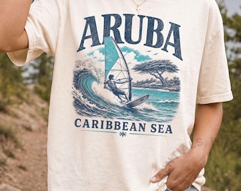 Aruba T-Shirt | Windsurfing Caribbean Sea Vintage Tee | Divi Tree Beach Graphic Shirt | Caribbean Vacation Gift | Retro Tee