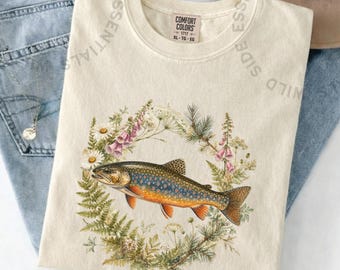 Brook Trout Wreath T-Shirt | Botanical Fishing Graphic Tee | Wildflower Fish Nature Shirt | Trout Lover Gift | Fly Fishing Floral Tee