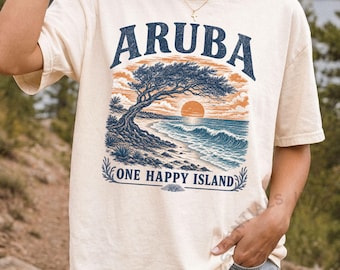 Aruba T-Shirt | One Happy Island Vintage Tee | Divi Tree Sunset Graphic Shirt | Aruba Vacation Gift | Retro Beach Tee