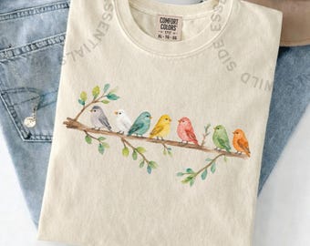 Watercolor Birds T-Shirt | Colorful Songbird Branch Tee | Cute Bird Nature Graphic Shirt | Bird Lover Gift | Boho Watercolor Tee