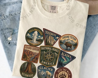 National Parks of America T-Shirt | Vintage Park Badge Collage Tee | Yellowstone Yosemite Glacier Shirt | Hiking Gift | Outdoor Tee