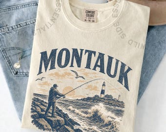 Montauk T-Shirt | Vintage New York Surfcasting Tee | Lighthouse Fishing Graphic Shirt | Fisherman Gift | Retro Coastal Nature Tee