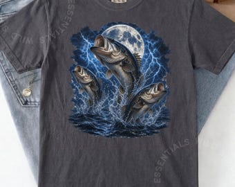 Camiseta Bass Moon / Camiseta dramática para pesca nocturna / Camiseta con estampado de lubina / Regalo para pescadores de pesca con relámpagos / Camiseta para pescadores de lubina para pesca nocturna