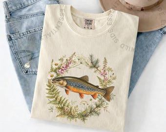 Camiseta con corona de trucha de arroyo / Camiseta gráfica botánica de pesca / Camiseta de naturaleza con flores silvestres y peces / Regalo para amantes de la trucha / Camiseta floral de pesca con mosca