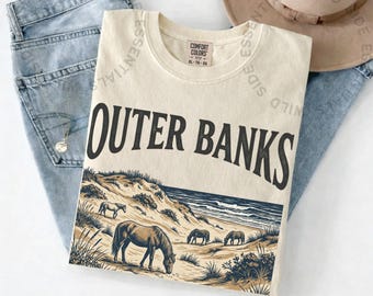 Camiseta de caballos salvajes de Outer Banks / Camiseta vintage de la costa de Carolina del Norte / Camiseta con estampado de caballo Corolla / Regalo de OBX / Camiseta retro de naturaleza playera