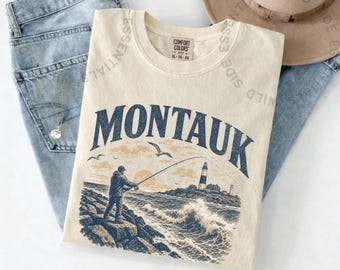 Camiseta Montauk / Camiseta vintage de pesca en Nueva York / Camiseta con estampado de faro y pesca / Regalo para pescadores / Camiseta retro con estampado de naturaleza costera